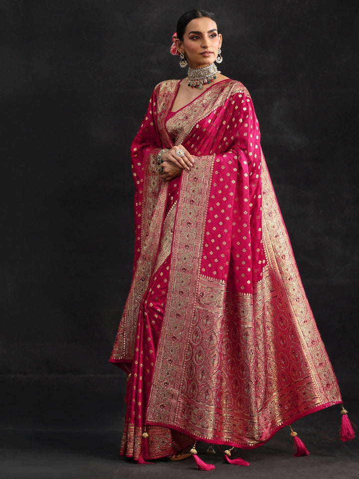 Libas Art Rose Pink Embellished Banarasi Silk Blend Saree with Dupatta