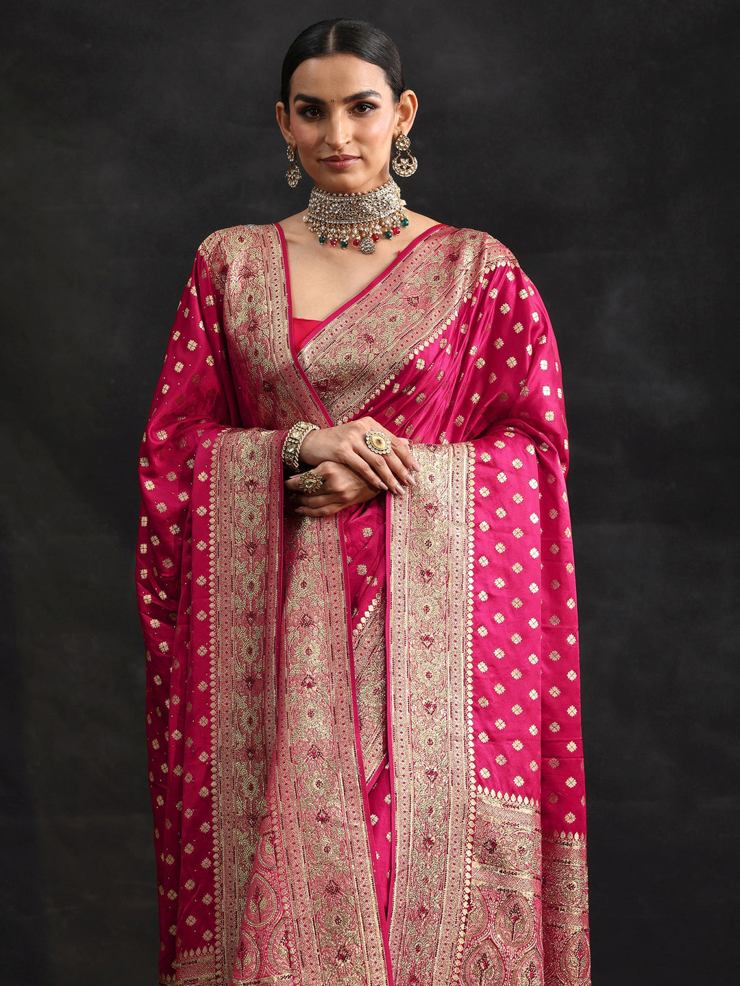 Libas Art Rose Pink Embellished Banarasi Silk Blend Saree with Dupatta