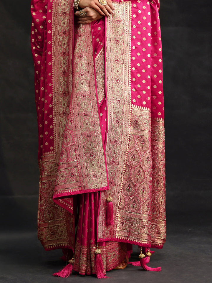 Libas Art Rose Pink Embellished Banarasi Silk Blend Saree with Dupatta
