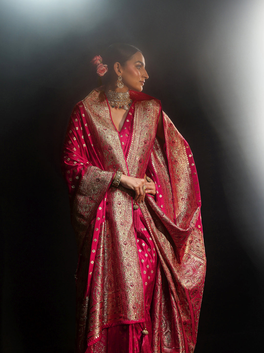 Libas Art Rose Pink Embellished Banarasi Silk Blend Saree with Dupatta