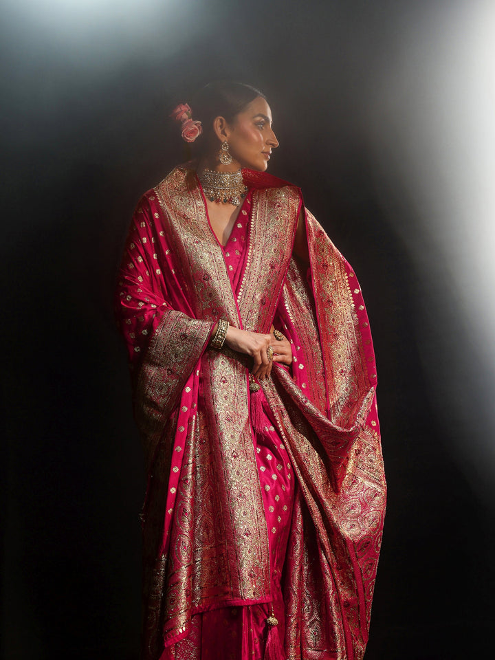 Libas Art Rose Pink Embellished Banarasi Silk Blend Saree with Dupatta