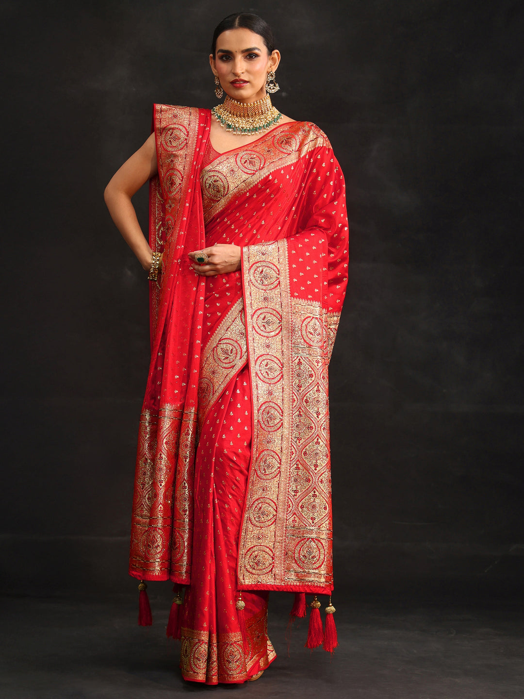 Libas Art Vermilion Red Embellished Banarasi Silk Blend Saree with Dupatta