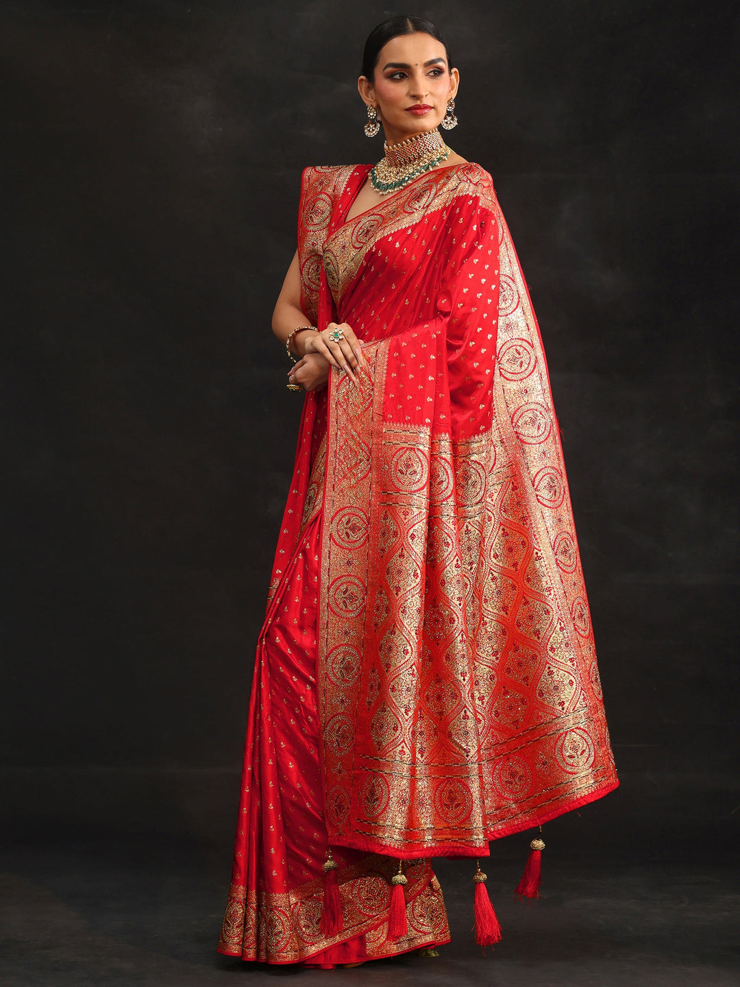 Libas Art Vermilion Red Embellished Banarasi Silk Blend Saree with Dupatta