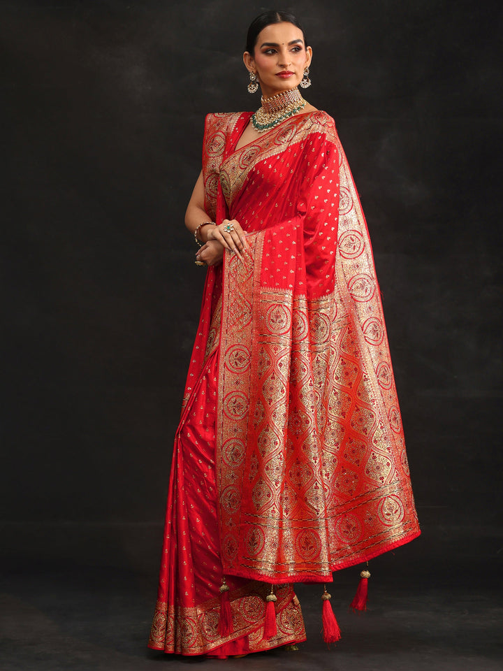 Libas Art Vermilion Red Embellished Banarasi Silk Blend Saree with Dupatta