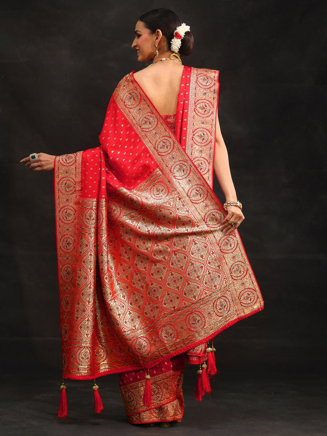 Libas Art Vermilion Red Embellished Banarasi Silk Blend Saree with Dupatta