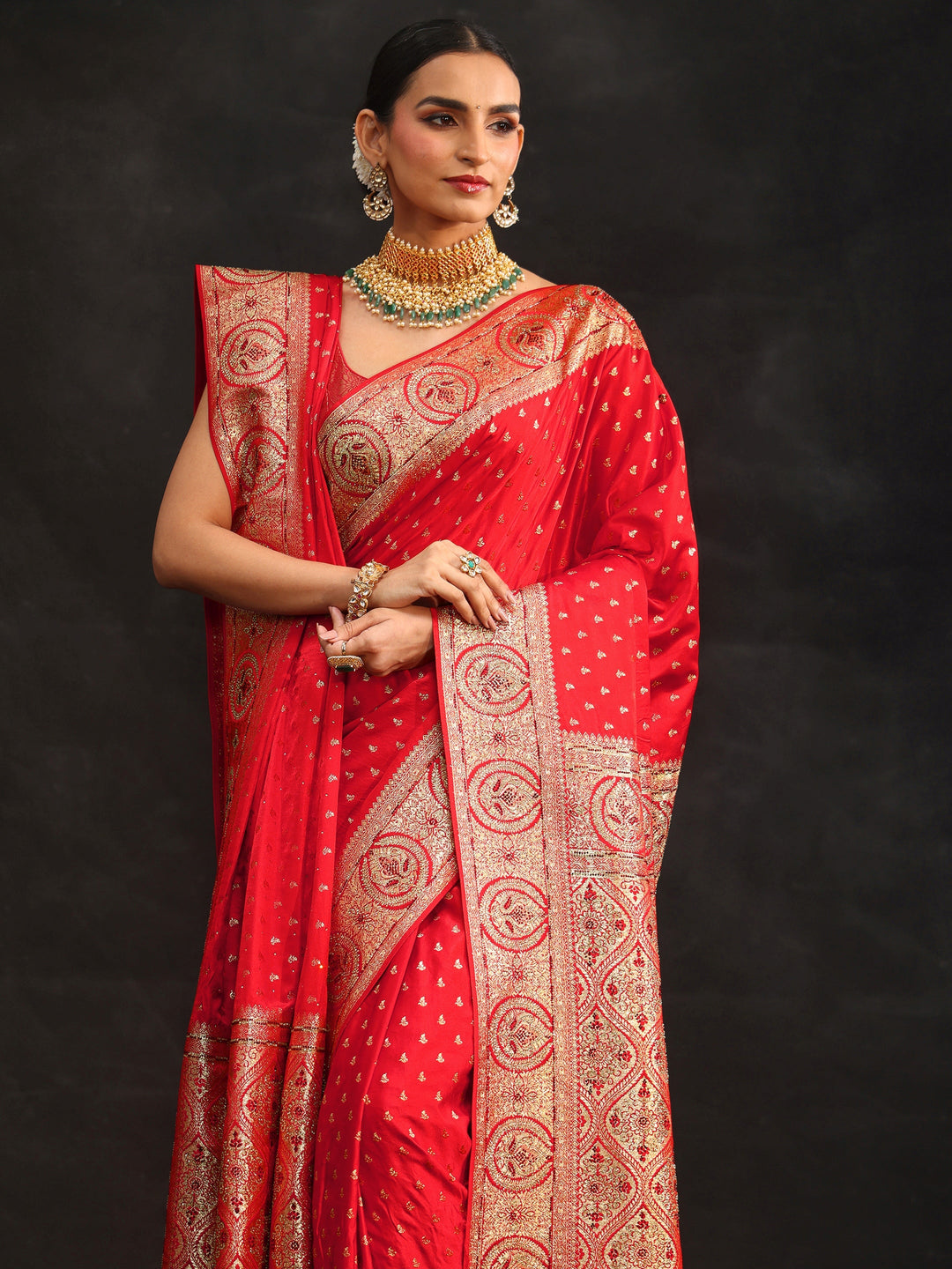 Libas Art Vermilion Red Embellished Banarasi Silk Blend Saree with Dupatta