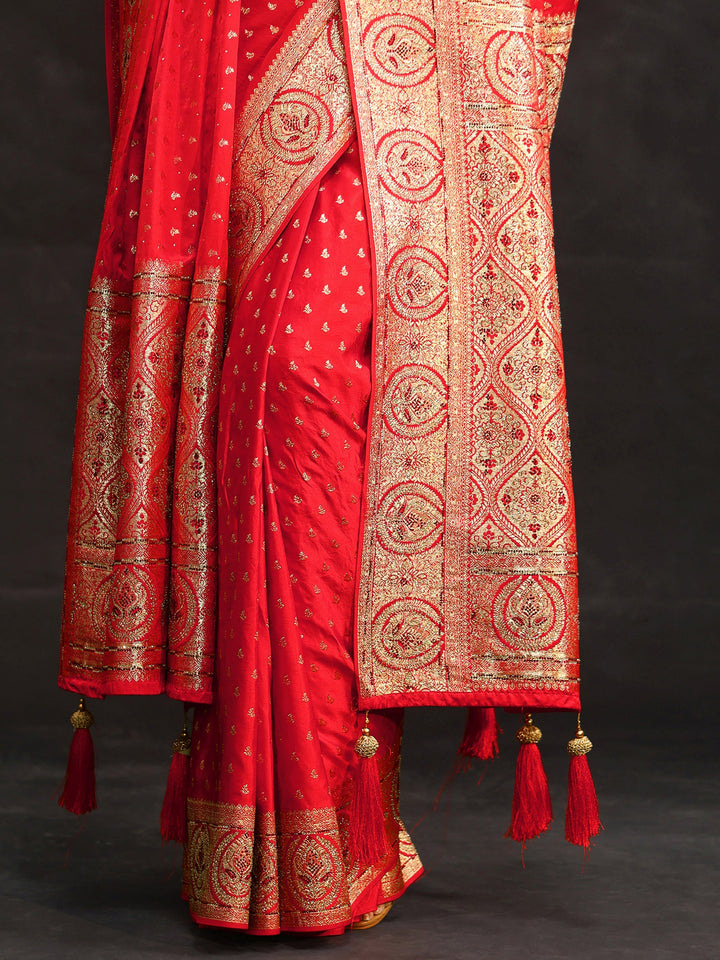 Libas Art Vermilion Red Embellished Banarasi Silk Blend Saree with Dupatta