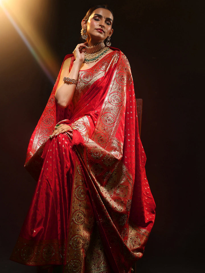 Libas Art Vermilion Red Embellished Banarasi Silk Blend Saree with Dupatta