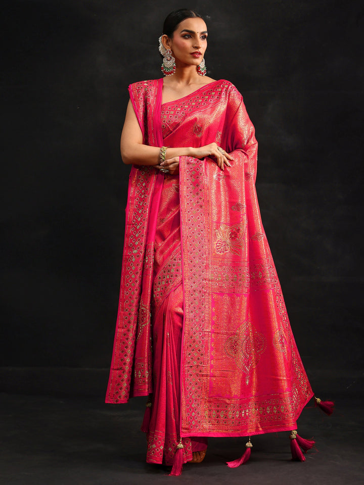 Libas Art Rani Pink Embellished Banarasi Silk Blend Saree with Dupatta