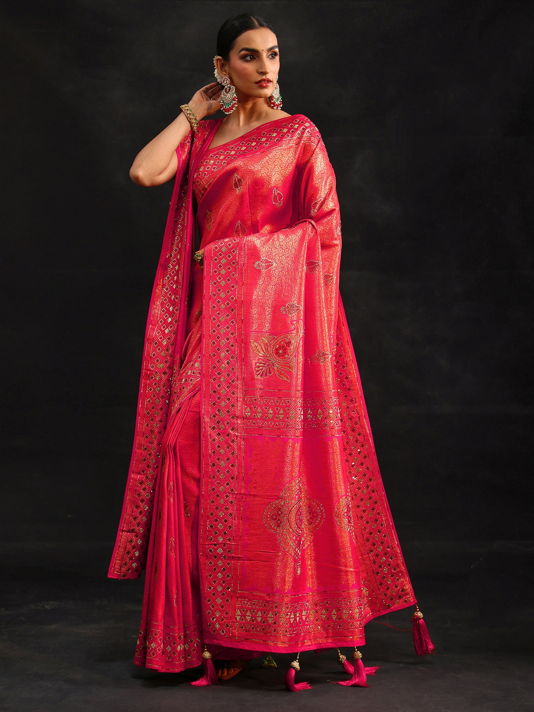 Libas Art Rani Pink Embellished Banarasi Silk Blend Saree with Dupatta