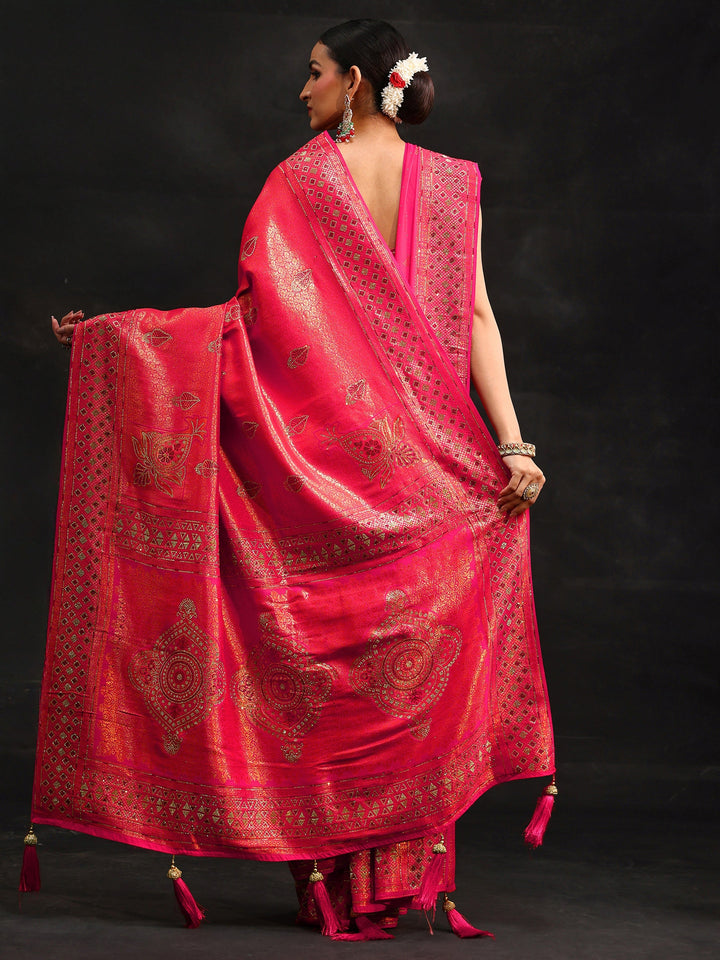Libas Art Rani Pink Embellished Banarasi Silk Blend Saree with Dupatta