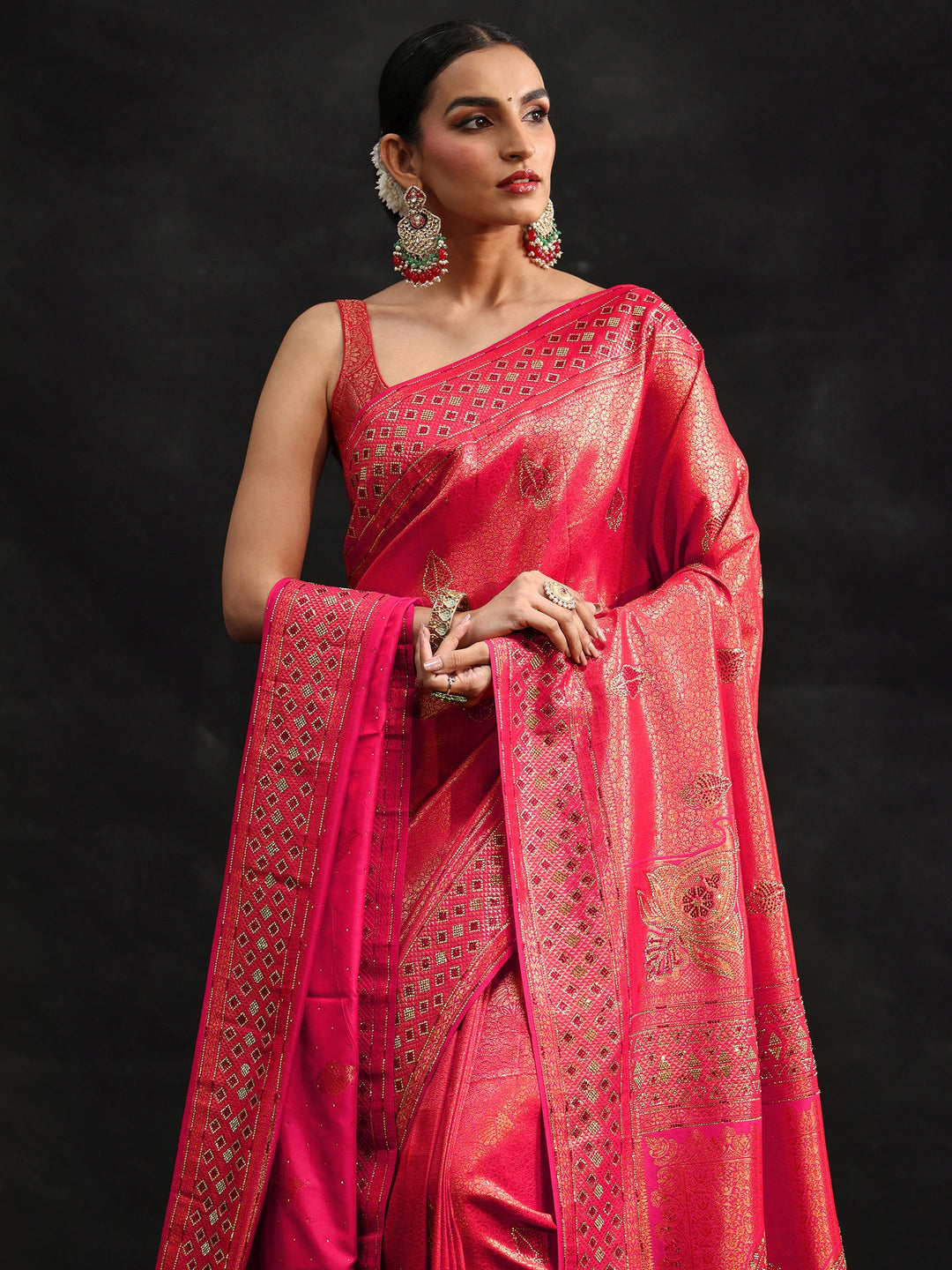 Libas Art Rani Pink Embellished Banarasi Silk Blend Saree with Dupatta