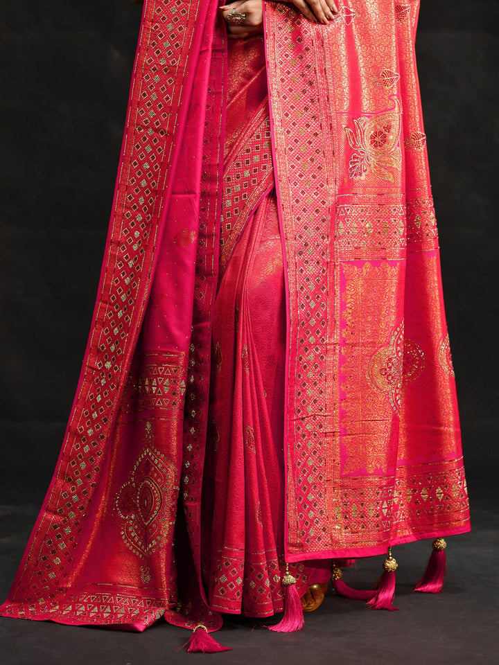 Libas Art Rani Pink Embellished Banarasi Silk Blend Saree with Dupatta