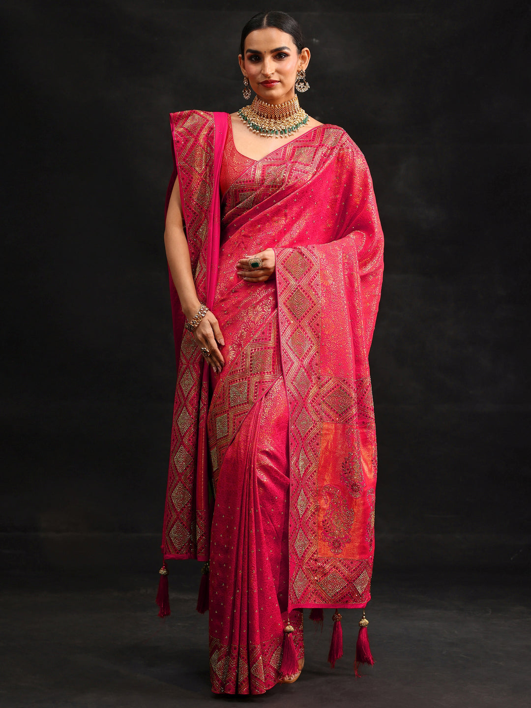 Libas Art Hot Pink Embellished Banarasi Silk Blend Saree with Dupatta