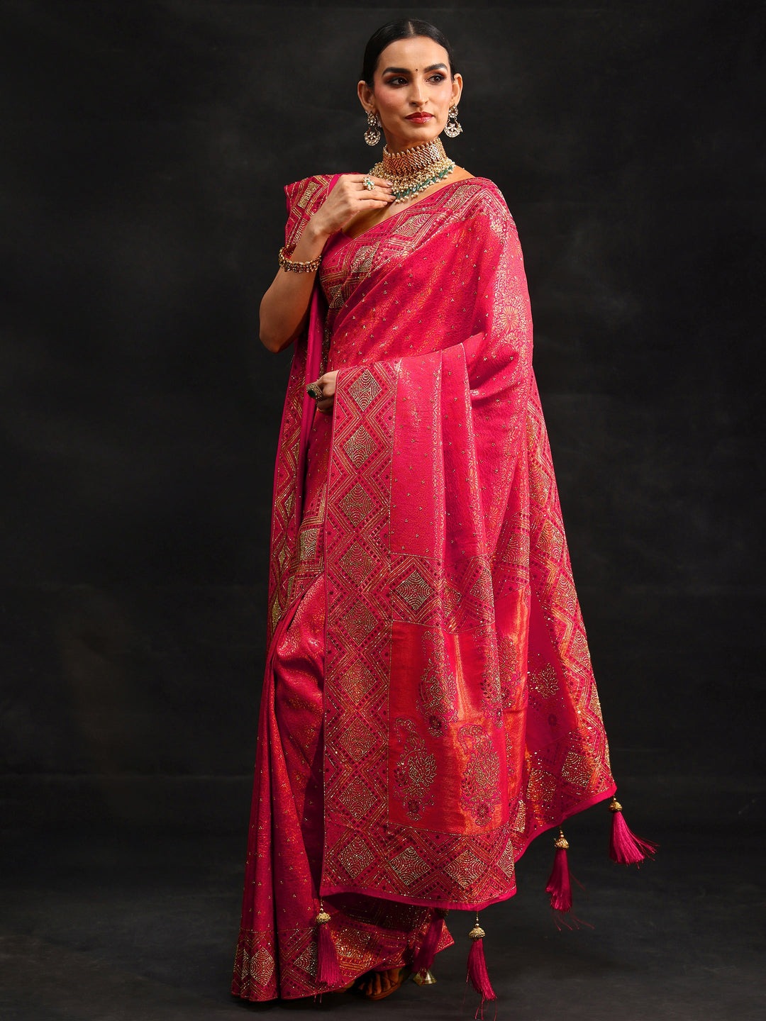 Libas Art Hot Pink Embellished Banarasi Silk Blend Saree with Dupatta