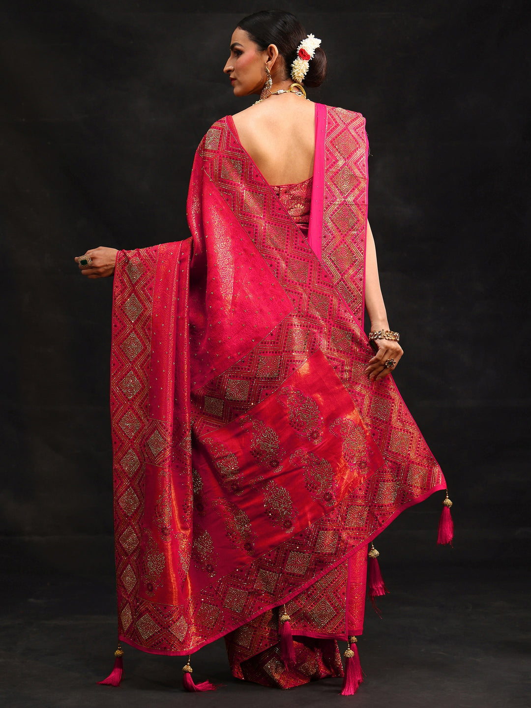 Libas Art Hot Pink Embellished Banarasi Silk Blend Saree with Dupatta