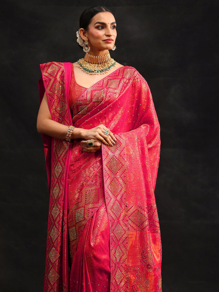 Libas Art Hot Pink Embellished Banarasi Silk Blend Saree with Dupatta
