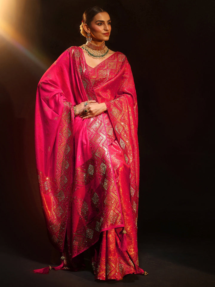 Libas Art Hot Pink Embellished Banarasi Silk Blend Saree with Dupatta