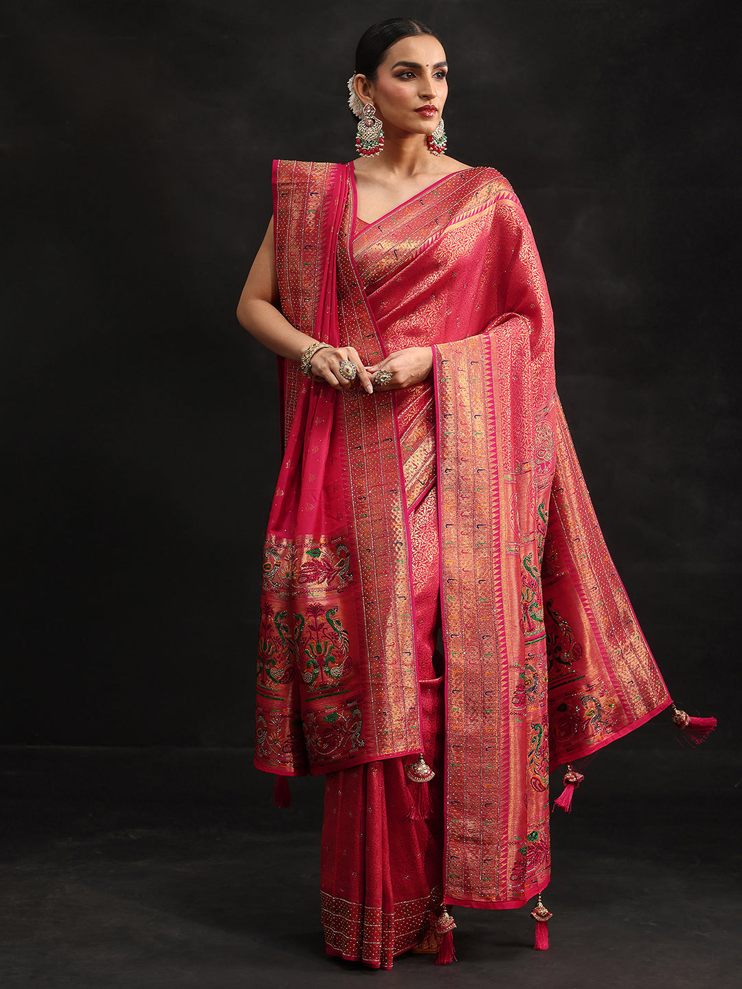 Libas Art Pink Embellished Banarasi Silk Blend Saree with Dupatta