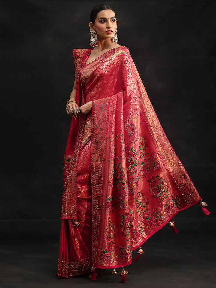 Libas Art Pink Embellished Banarasi Silk Blend Saree with Dupatta