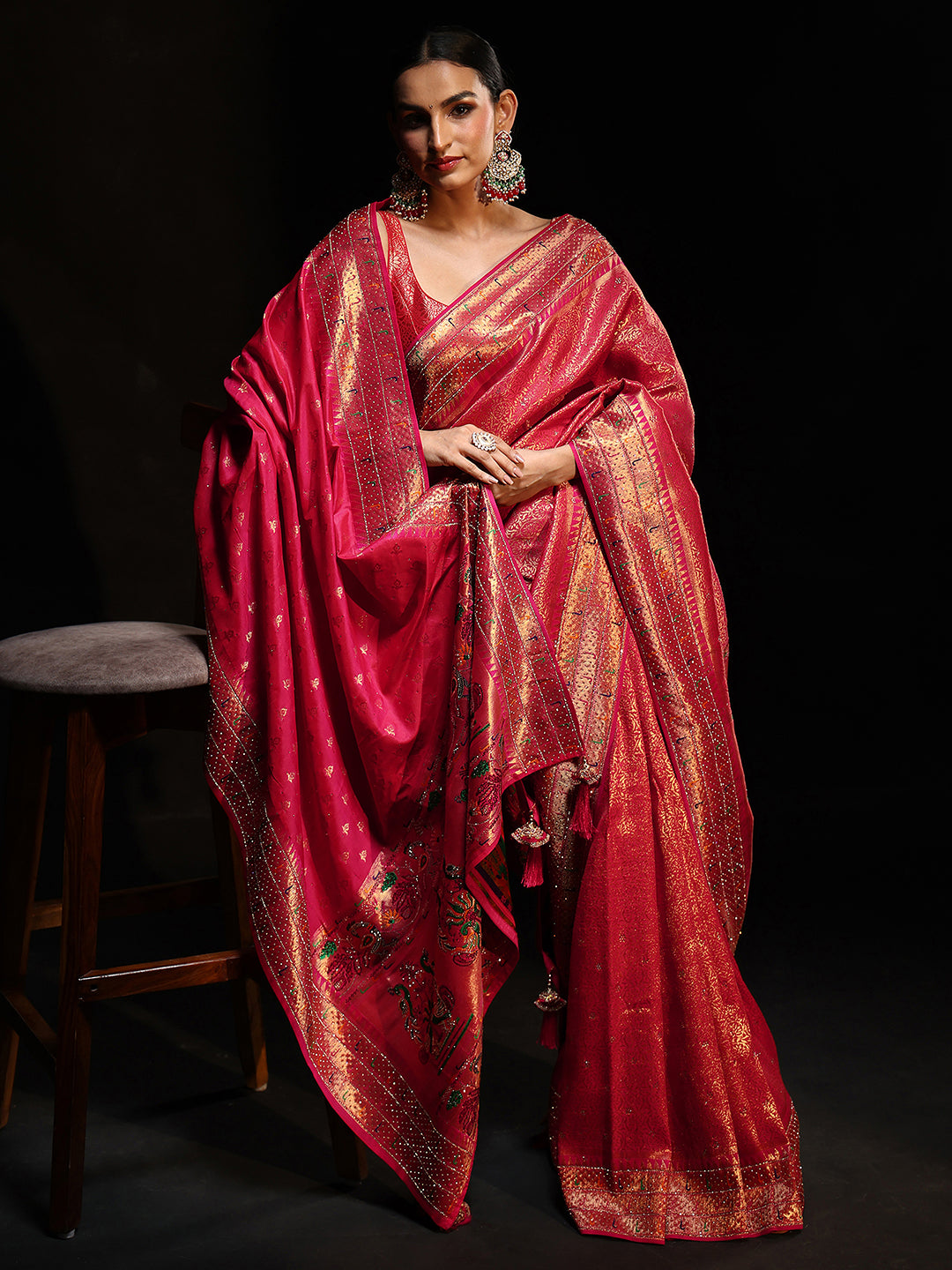Libas Art Pink Embellished Banarasi Silk Blend Saree with Dupatta