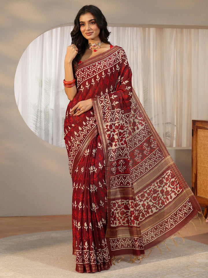 Libas Maroon Block Print Cotton Saree