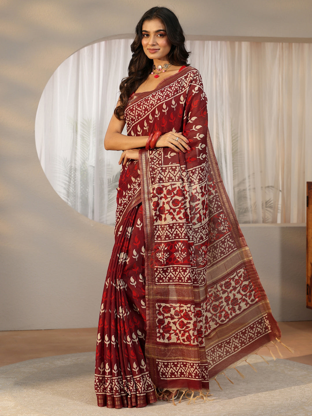 Libas Maroon Block Print Cotton Saree