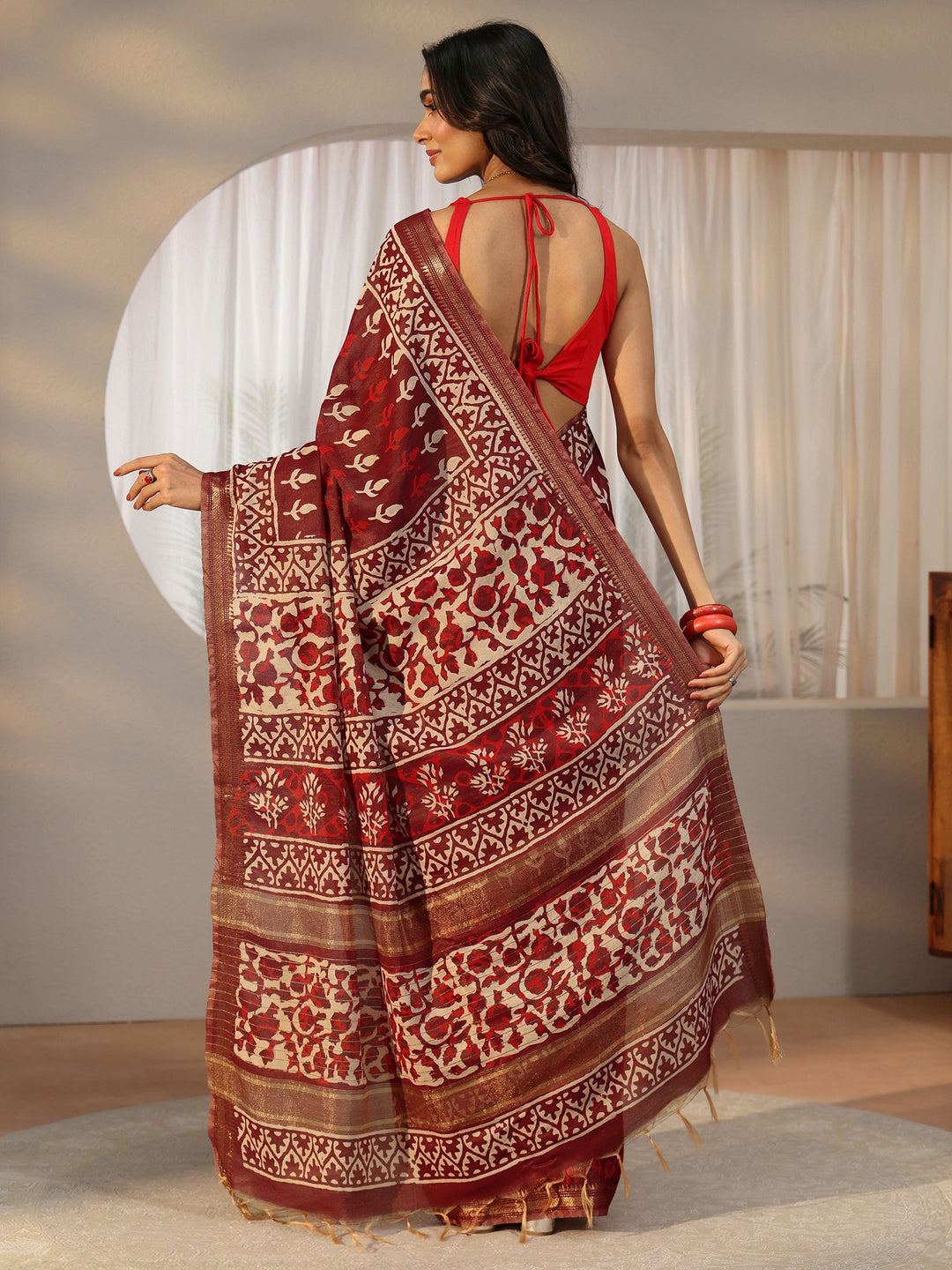 Libas Maroon Block Print Cotton Saree