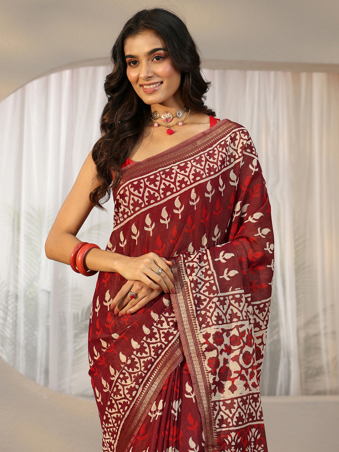Libas Maroon Block Print Cotton Saree