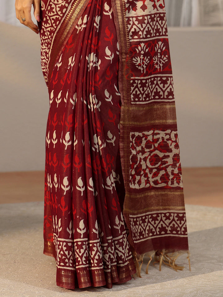 Libas Maroon Block Print Cotton Saree