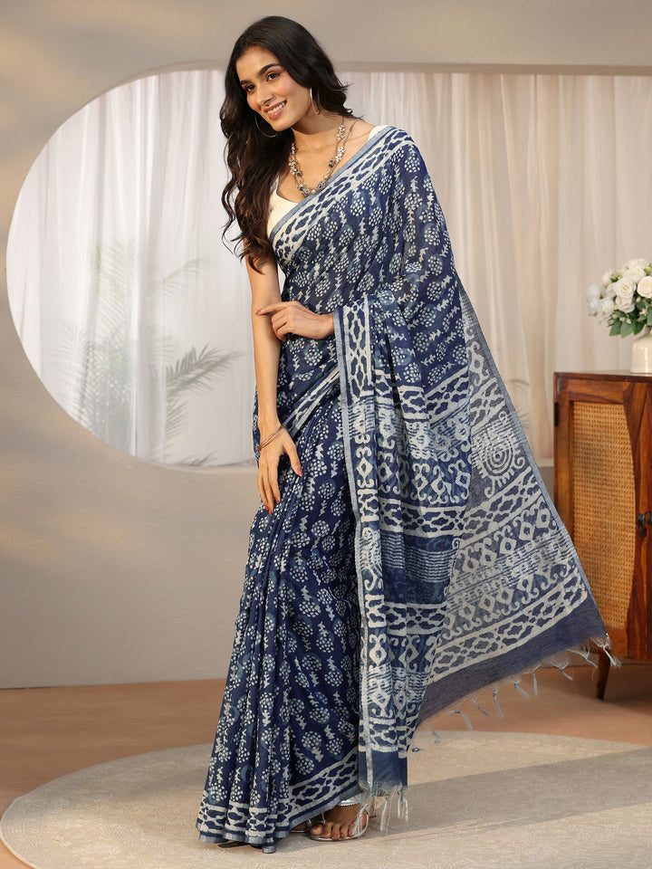 Libas Indigo Blue Dabu Print Cotton Saree