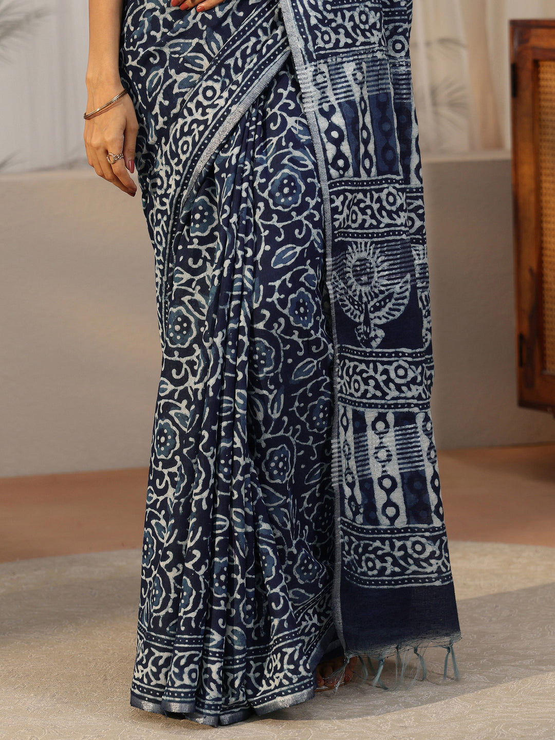 Libas Indigo Blue Floral Dabu Print Cotton Saree