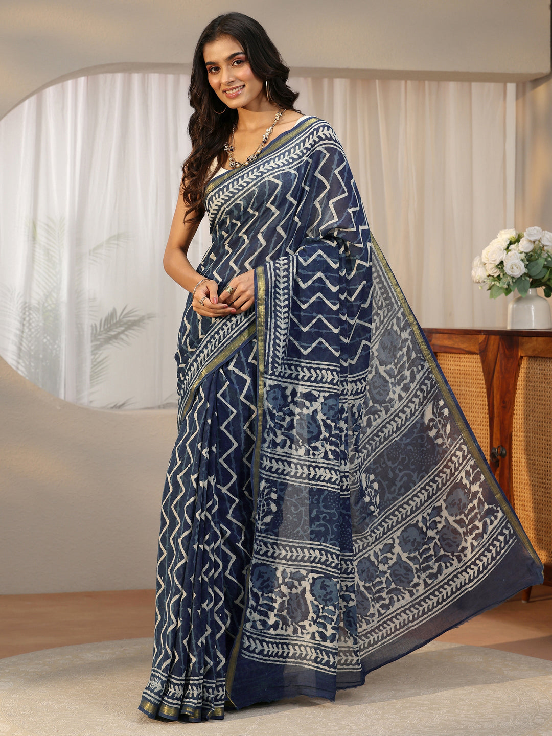 Libas Indigo Blue Chevron Dabu Print Cotton Saree