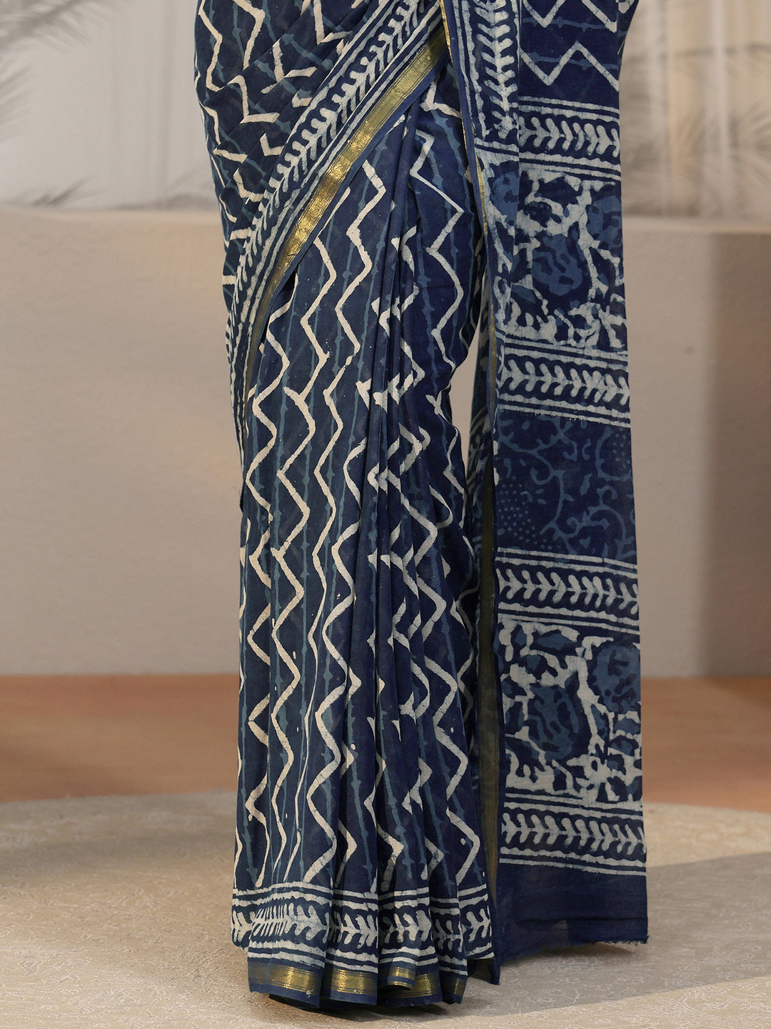 Libas Indigo Blue Chevron Dabu Print Cotton Saree