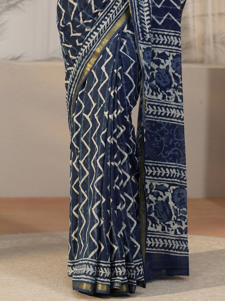 Libas Indigo Blue Chevron Dabu Print Cotton Saree