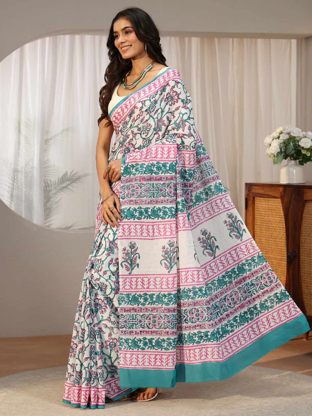 Libas White Floral Block Print Cotton Saree