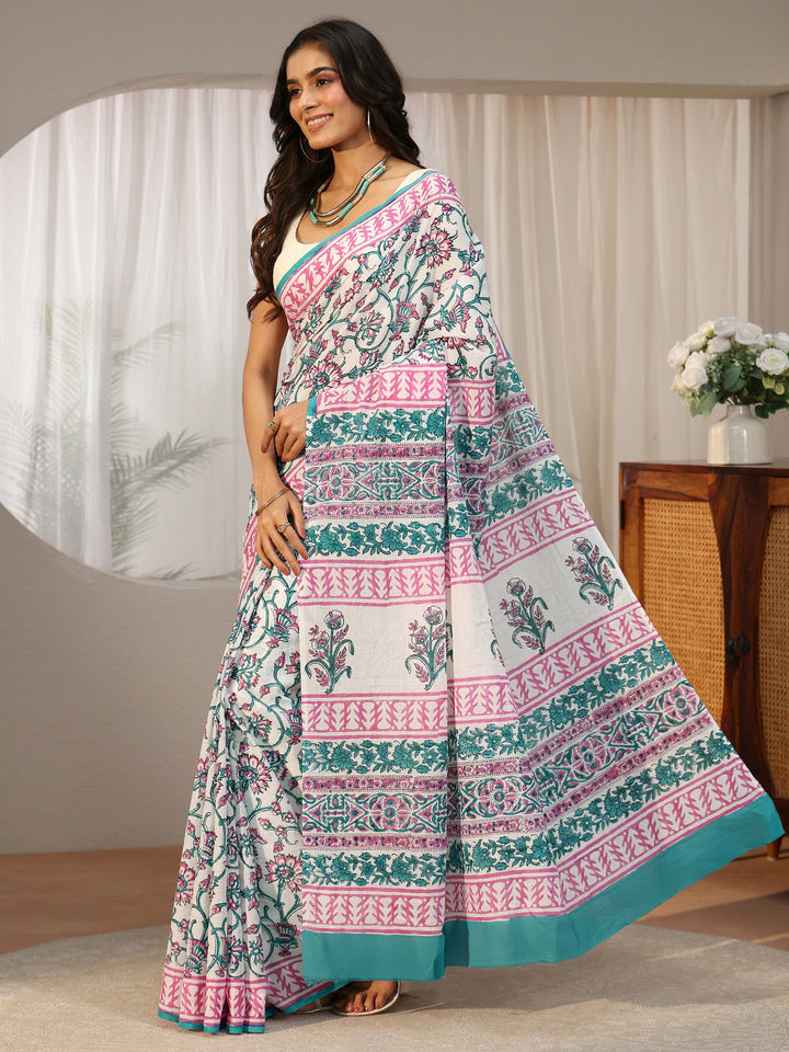 Libas White Floral Block Print Cotton Saree