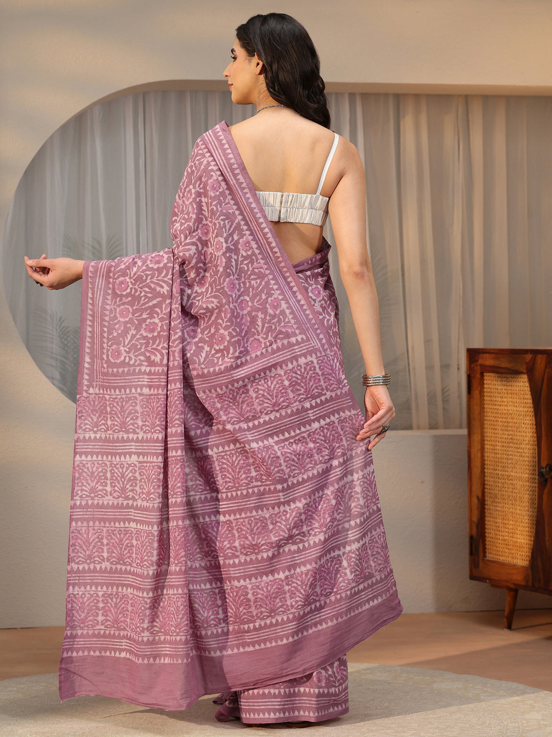 Libas Lavender Floral Dabu Print Cotton Saree