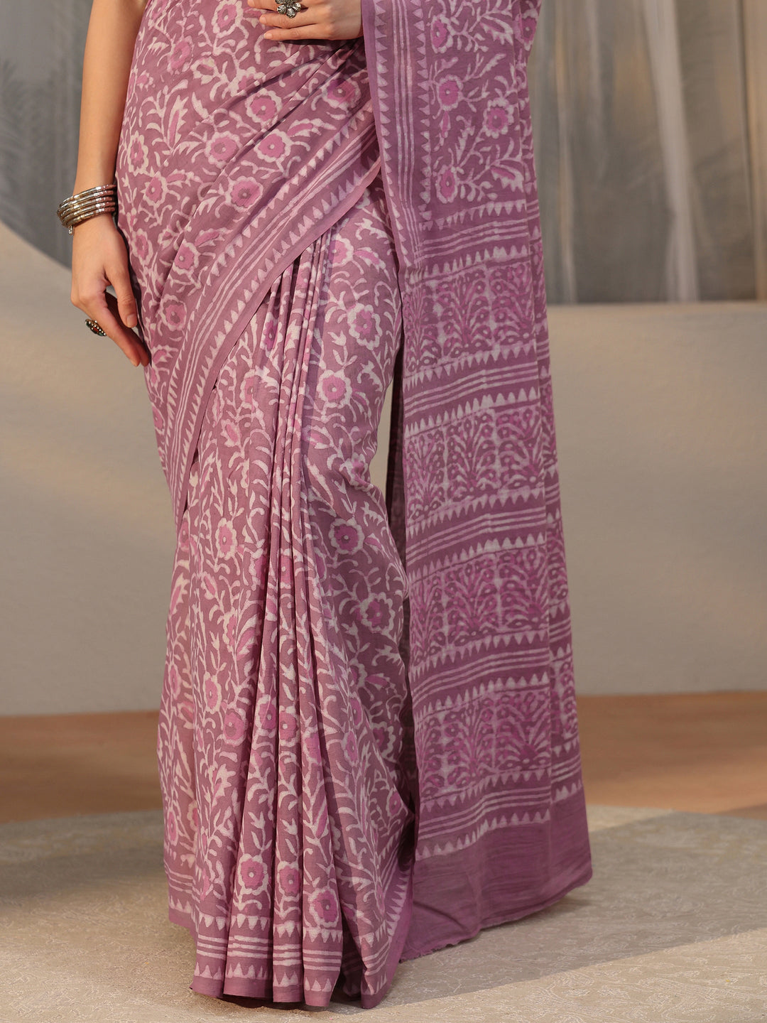 Libas Lavender Floral Dabu Print Cotton Saree