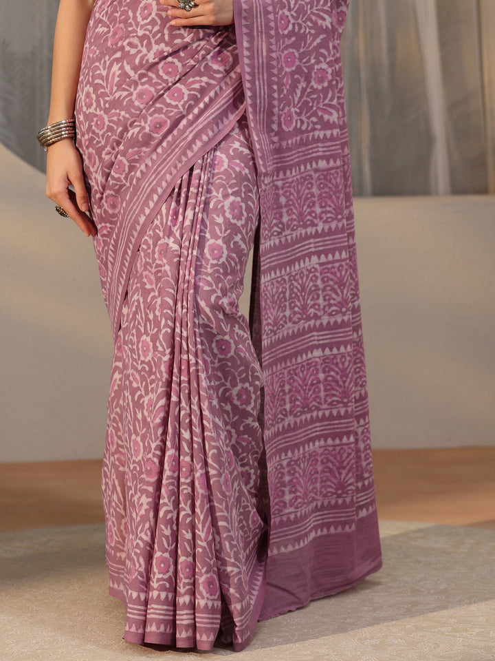 Libas Lavender Floral Dabu Print Cotton Saree