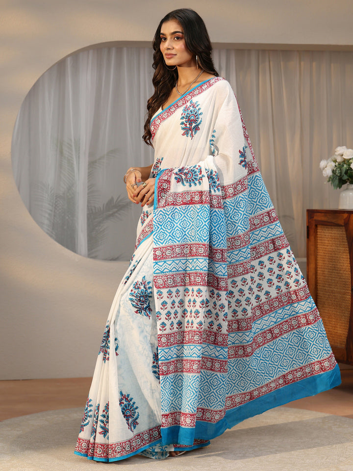 Libas White Floral Block Print Cotton Saree