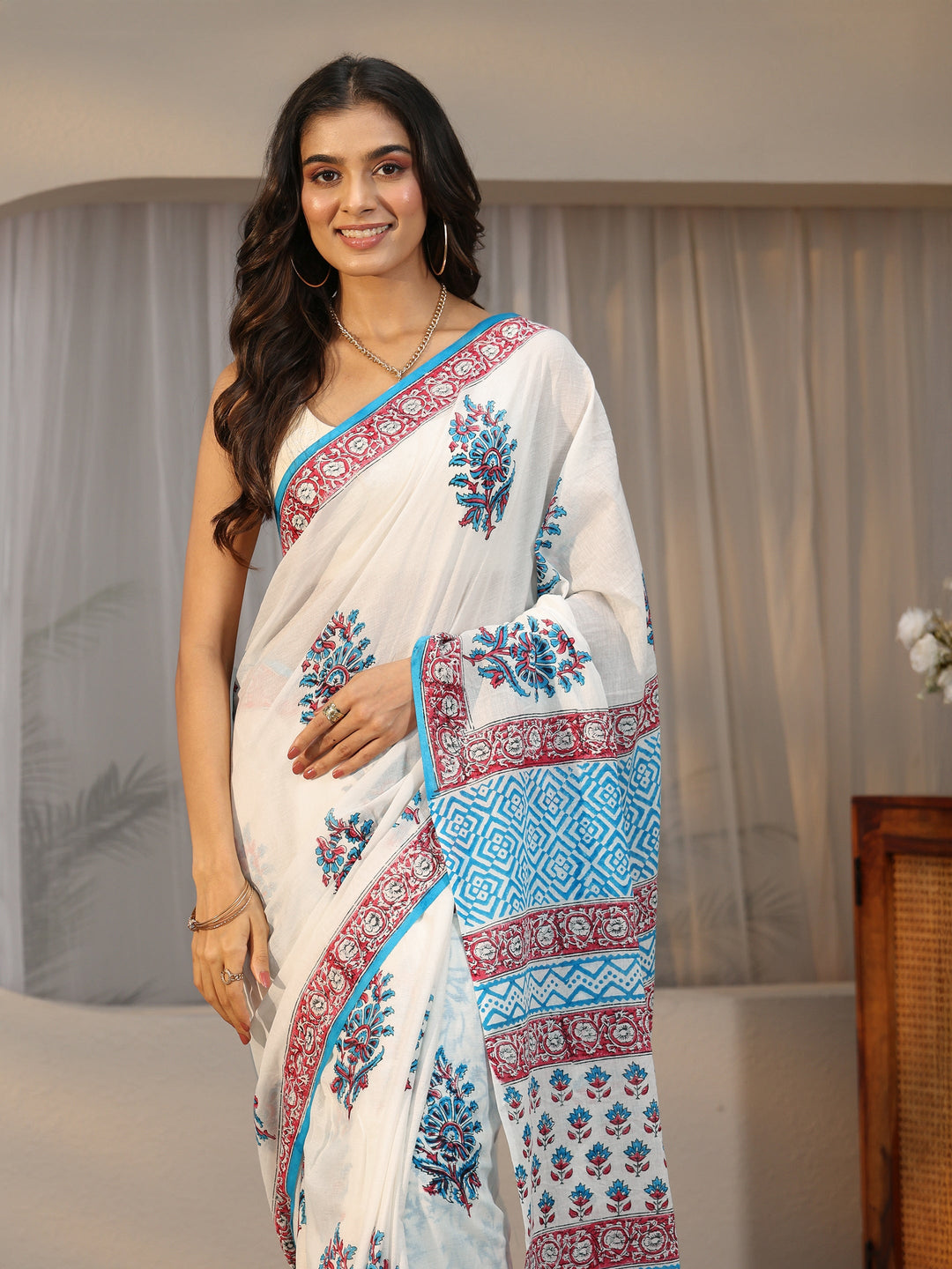 Libas White Floral Block Print Cotton Saree