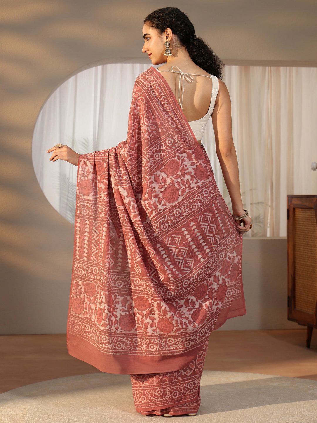 Libas Dusty Pink Batik Printed Cotton Saree
