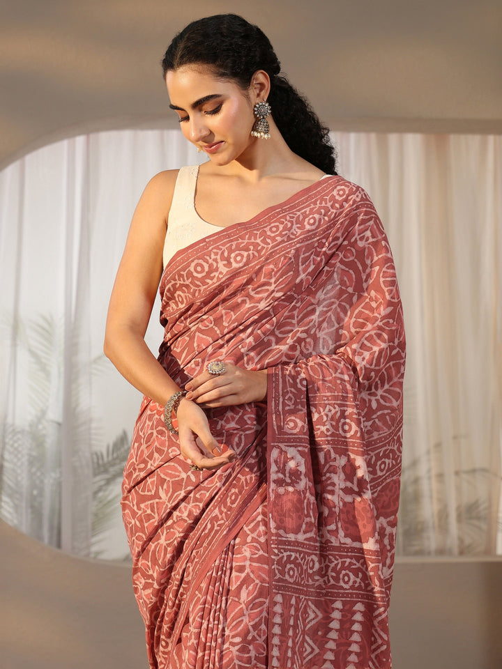 Libas Dusty Pink Batik Printed Cotton Saree