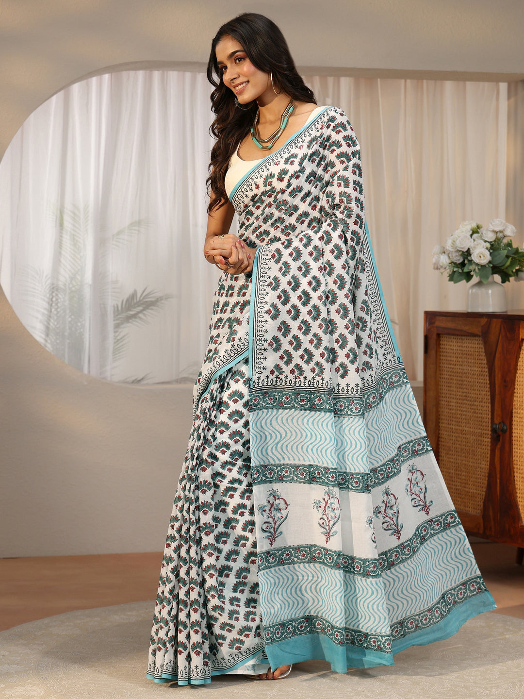 Libas White Floral Block Print Cotton Saree