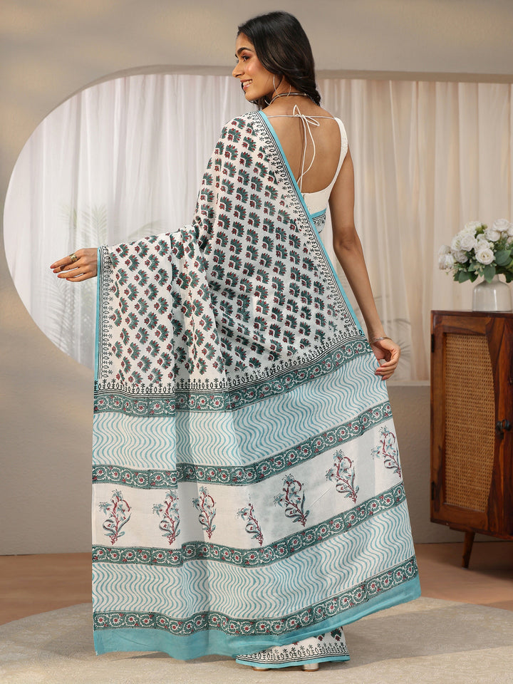 Libas White Floral Block Print Cotton Saree
