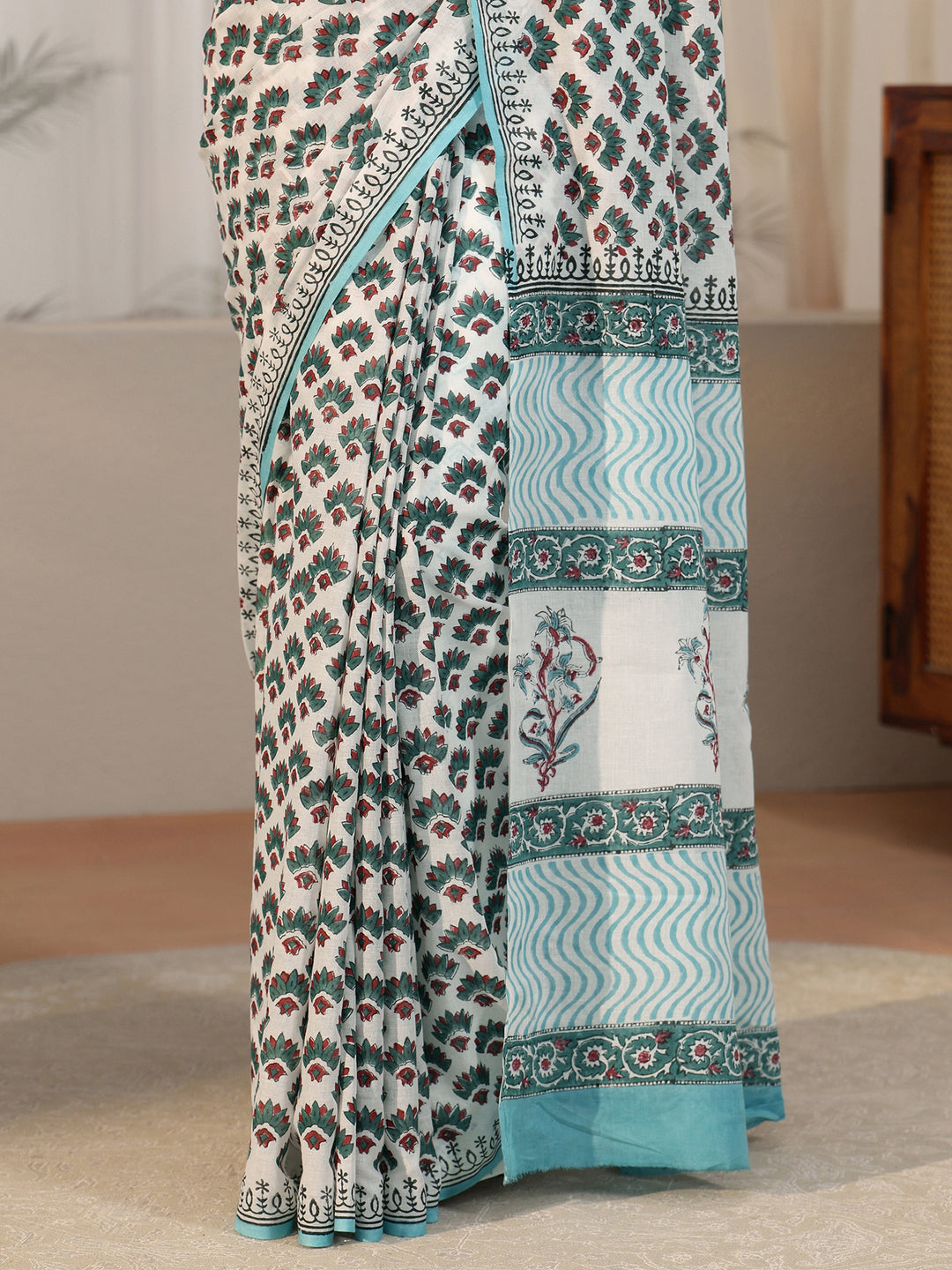 Libas White Floral Block Print Cotton Saree