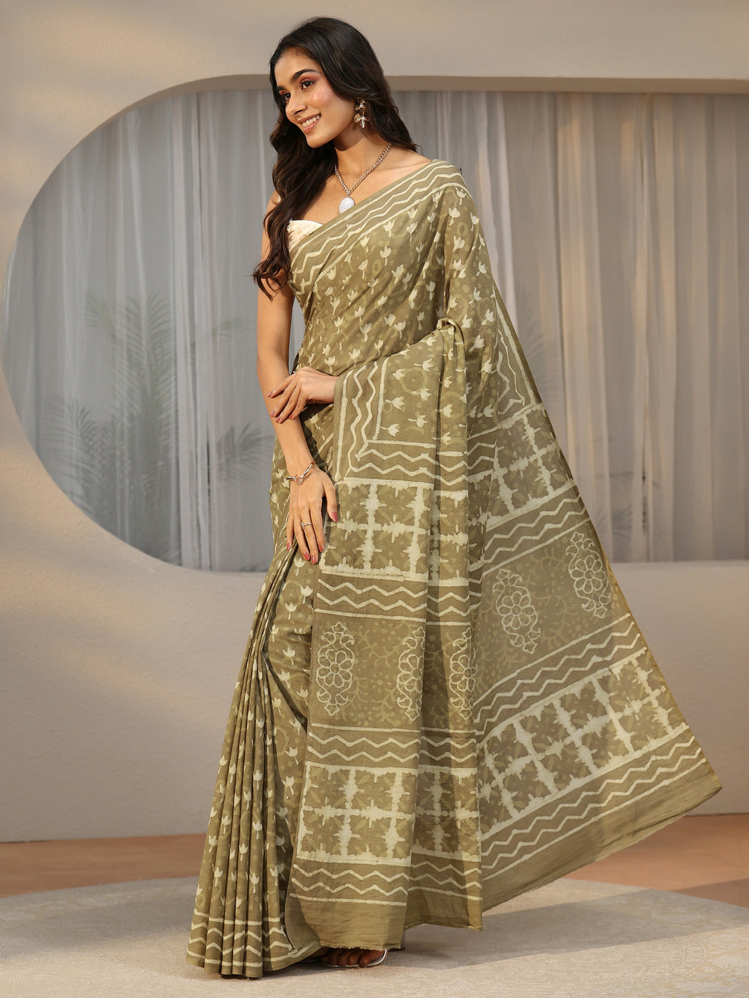 Libas Light Olive Green Dabu Print Cotton Saree