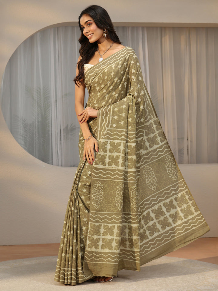 Libas Light Olive Green Dabu Print Cotton Saree