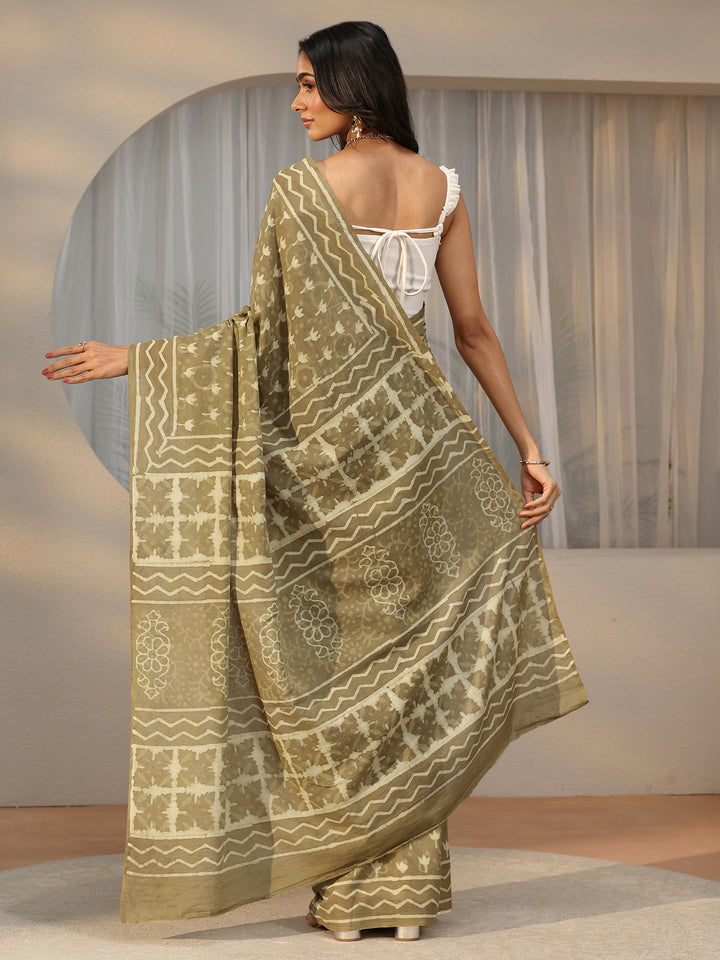Libas Light Olive Green Dabu Print Cotton Saree